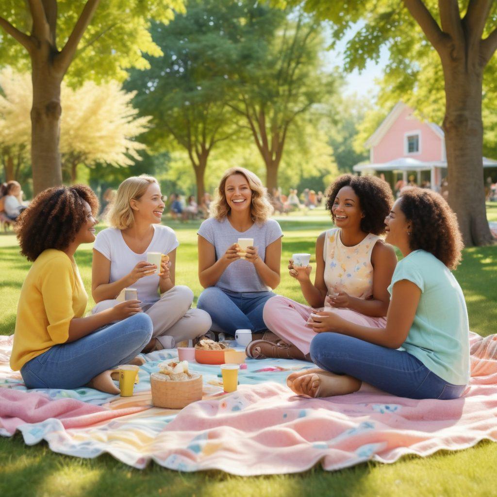 A warm and inviting scene of diverse moms sitting in a circle in a sunny park, sharing laughter and stories, with coffee cups and snacks on a picnic blanket. In the background, children play happily together, symbolizing community and support. Soft pastel colors add a nurturing vibe, conveying connection and friendship. super-realistic. vibrant colors. 3D.
