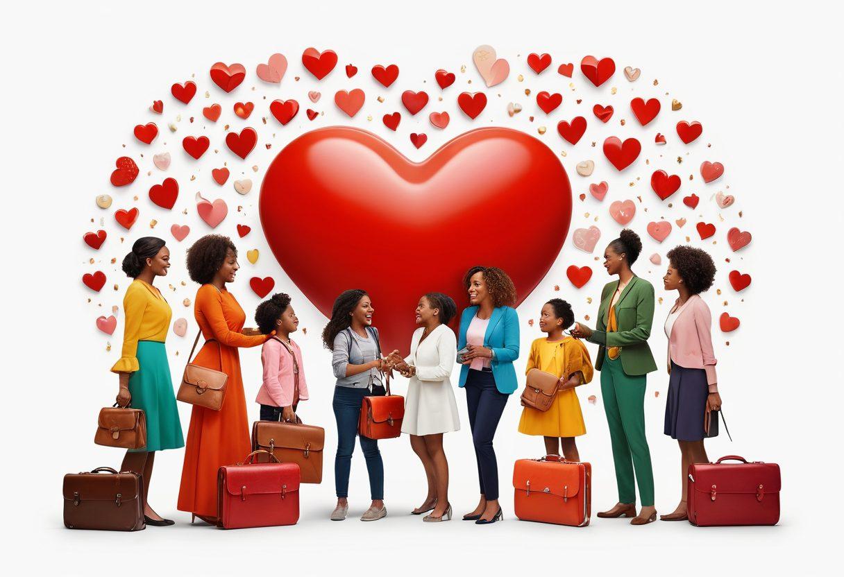 A vibrant scene depicting diverse mothers engaging in a supportive community, surrounded by symbolic elements like heart-shaped icons representing love, briefcases symbolizing professional empowerment, and a network of hands connecting them together. The background should be bright and welcoming, embodying warmth and positivity. Include children playing joyfully nearby to reflect family. super-realistic. vibrant colors. white background.